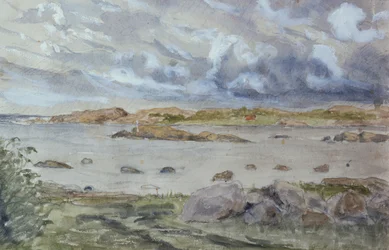 Havs- och landskapsskiss (akvarell och penna på papper)