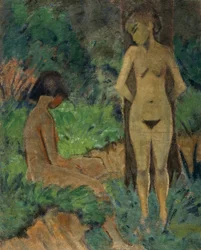 Badande under träd, ca 1925 (limfärg på duk)