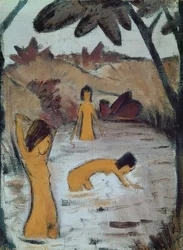 Tre badande i dammen. Omkring 1912