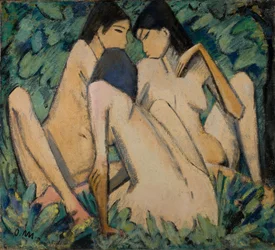 Tre flickor i en skog, ca 1920 (olja  tempera på pannå)