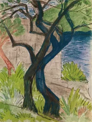 Träd före en bro (pastell och gouache på papper)