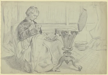 Luise Scholderer vid sybordet med handarbete