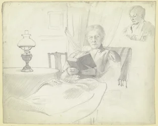 Luise Scholderer läser med bord och lampa, bröstbild av en kvinnlig figur i bakgrunden