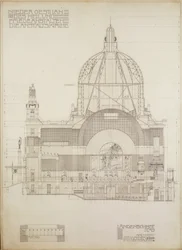 Vertikal projektion av kyrkan i Steinhof, Wiens centrala sjukhus för psykiskt sjuka ...