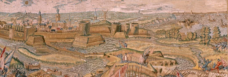 flamländsk gobeläng. Serie Triumfer och strider av ärkehertig Albert. Anfall och intagande av det befästa slagfältet i Hulst (Asalto y toma del campo atrincherado de Hulst). Sjätte gobelängen i serien. Modell Otto van Veen och Hans I Snellinck. Tillverkare
