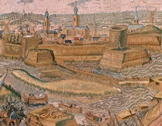 flamländsk gobeläng. Serie Triumfer och strider av ärkehertig Albert. Anfall och intagande av det befästa slagfältet i Hulst (Asalto y toma del campo atrincherado de Hulst). Sjätte gobelängen i serien. Modell Otto van Veen och Hans I Snellinck. Tillverkare