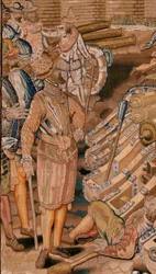 flamländsk gobeläng. Serie Triumfer och strider av ärkehertig Albert. Angrepp på staden Calais (Asalto de la plaza de Calais). Andra gobeläng i serien. Modell Otto van Veen och Hans I Snellinck. Tillverkning Martin Reynbouts, Bryssel