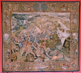 flamländsk gobeläng. Serie Triumfer och strider av ärkehertig Albert. Strid i skyttegravarna i Hulst (Combate en las trincheras de Hulst). Femte gobeläng i serien. Modell Otto van Veen och Hans I Snellinck. Tillverkning Martin Reynbouts, Bruselas. 1597-159