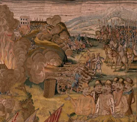 flamländsk gobeläng. Serie Triumfer och strider av ärkehertig Albert. Nattattack på Ardres eller fångst av den låga staden Ardres (Asalto nocturno de Ardrés o Toma de la baja villa de Ardrés). Tredje tapeten i serien. Modell Otto van Veen och Hans I Snell