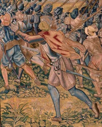 flamländsk gobeläng. Serie Triumfer och strider av ärkehertig Albert. Nattliga angrepp på Ardres eller fångst av den låga staden Ardres (Asalto nocturno de Ardrés o Toma de la baja villa de Ardrés). Tredje tapeten i serien. Modell Otto van Veen och Hans I 