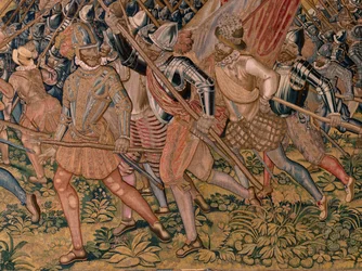 flamländsk gobeläng. Serie Triumfer och strider av ärkehertig Albert. Nattattack på Ardres eller fångst av den låga staden Ardres (Asalto nocturno de Ardrés o Toma de la baja villa de Ardrés). Tredje tapeten i serien. Modell Otto van Veen och Hans I Snell