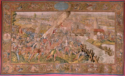 flamländsk gobeläng. Serie Triumfer och strider av ärkehertig Albert. Överraskning vid Calais (La sorpresa de Calais). Första gobelängen i serien. Modell Otto van Veen och Hans I Snellinck. Tillverkning Martin Reynbouts, Bruselas. 1597-1599. Tyg Guld, silv