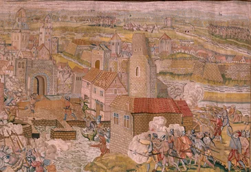 flamländsk gobeläng. Serie Triumfer och strider av ärkehertig Albert. Överraskning vid Calais (La sorpresa de Calais). Första gobelängen i serien. Modell Otto van Veen och Hans I Snellinck. Tillverkning Martin Reynbouts, Bruselas. 1597-1599. Tyg Guld, silv