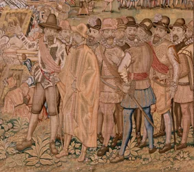 flamländsk gobeläng. Serie Triumfer och strider av ärkehertig Albert. Infångandet av staden Hulst (Toma de la Plaza de Hulst). Sjunde gobeläng i serien. Modell Otto van Veen och Hans I Snellinck. Tillverkning Martin Reynbouts, Bryssel