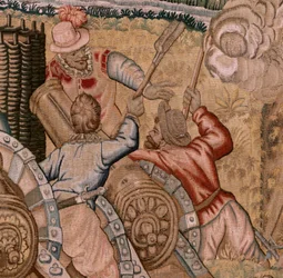 flamländsk gobeläng. Serie Triumfer och strider av ärkehertig Albert. Infångandet av staden Hulst (Toma de la Plaza de Hulst). Sjunde gobelängen i serien. Modell Otto van Veen och Hans I Snellinck. Tillverkning Martin Reynbouts, Bryssel