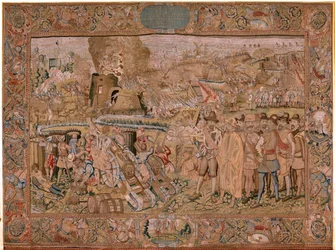 flamländsk gobeläng. Serie Triumfer och strider av ärkehertig Albert. Infångandet av staden Hulst (Toma de la Plaza de Hulst). Sjunde gobelängen i serien. Modell Otto van Veen och Hans I Snellinck. Tillverkning Martin Reynbouts, Bryssel
