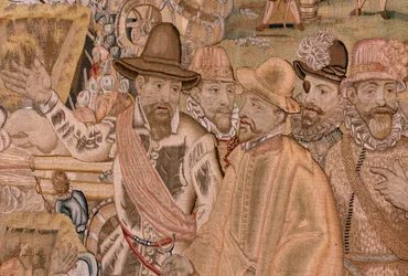 flamländsk gobeläng. Serie Triumfer och strider av ärkehertig Albert. Infångandet av staden Hulst (Toma de la Plaza de Hulst). Sjunde gobelängen i serien. Modell Otto van Veen och Hans I Snellinck. Tillverkning Martin Reynbouts, Bryssel