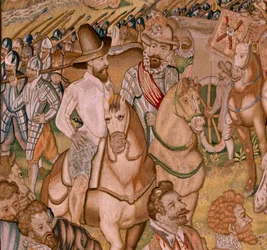 flamländsk gobeläng. Serietriumfer och strider av ärkehertig Albert; Ardres garnison drar sig tillbaka till Frankrike (Retirada a Francia de la Guarnición de Ardrés). Fjärde gobelängen i serien. Modell Otto van Veen och Hans I Snellinck. Tillverkning Marti