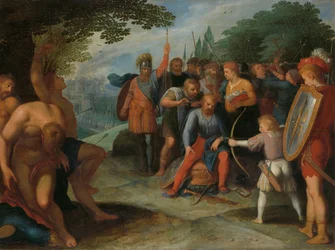 Julius Civilis klipper sig efter Veteras fall, medan hans son dödar några av fångarna Efter veterans fall klipps Castra Claudius Civilis av håret medan hans son skjuter några fångar en av en serie av tolv om upproret av t