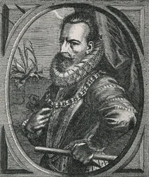 Porträtt av kondottiären Alexander (Alessandro) Farnese, hertig av Parma, guvernör i de låga länderna (1545-1592), efter Otto van Veen (1556-1629) (gravyr)