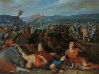 Bataverna besegrar romarna vid Rhen Claudius Civilis besegrar de romerska trupperna nära Rhen år 69 e.Kr en av en serie om tolv om batavernas uppror mot romarna
