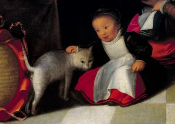 Konstnären och hans familj Detalj som representerar katten och barnet. Målning av Octavius Van Veen (1556-1629)