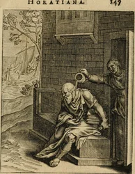 Xanthippe tömmer en kammarkruka över Sokrates. Från Emblemata Horatiana, 1607