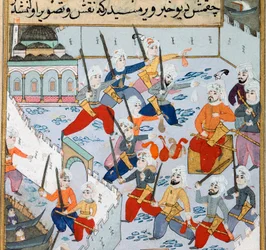 Erövring av Konstantinopel: armén av den ottomanske sultanen Mehmet II (Mehmed II erövraren eller Muhammad II Fatih) (1430-1481) i Gyllene hornet belägrade staden Konstantinopel 1453. Miniatyr från 1400-talet. Topkapi Sarayi Museum Library Istanbul