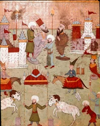 Festligheter anordnade med anledning av omskärelsen av sonen till den osmanske sultanen Murad II (Murat) (1404-1451), förberedelse av fyrverkerier Miniatyr av Istanbul från 1500-talet, Topkapi Sarayi Museum Library