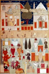 Festligheter anordnade med anledning av omskärelsen av sonen till den osmanske sultanen Murad II (Murat) (1404-1451), förberedelse av fyrverkerier Miniatyr av 1500-talets Istanbul, Topkapi Sarayi Museum Library