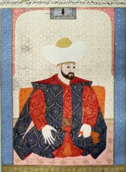 Osmanska riket: "" Porträtt av den ottomanske sultanen Murad I (1326-1389)"" Miniatyr från manuskriptet (Ms. 1973, folio 62a) "" Zubdatat-al-Tawarikh"" (Zubdat al-Tawarikh) (Creme of Stories) av historikern Seyyid Loqman Ashuri 1538. Turkiskt och islamiskt