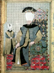 Osmanska riket: Porträtt av Sultan Ahmet (eller Ahmed) III (1673-1736)”” Det är representativt att peka finger för att ange ordern om att slakta janitsjarorden. Miniatyr Istanbul, Topkapi Sarayi Museum, Turkiet