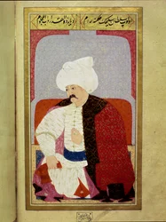 Osmanska riket: "" Porträtt av den nionde osmanska sultanen Selim I Says the Terrible or the Cruel (1470-1520)"" Miniatyr från manuskriptet "" Human physiognomy (Om de personliga arrangemangen av ottomaner) av Seyyid Lokman Hussein. (Ms. ty6087 folio 44b)