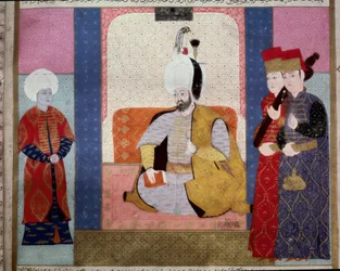 Osmanska riket: "" Sultan Murad III (1546-1595) omger hovmän""" Miniatyr från "Zubdat al Tawarikh"" (Ms. 1973, fol. 59b) av Seyyd Lokman Ashuri 1583 Istanbul, Turkish-Islamic Art Museum
