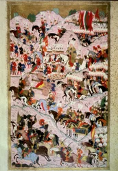 Osmanska riket: "" Sultan Soliman (Suleyman) Jag sa det magnifika i slaget vid Mohacs den 29/08/1526 mot kungariket Ungerns armé, under befälet av kung Ludvig II""" Miniatyr från "Hunername" av Lokman, vol. 1 (H 1523, f.256b) 1584 Topkapi S