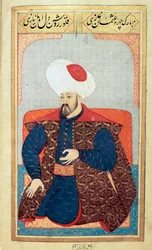 Osmanska riket: porträtt av den första sultanen Osman I (1258-1326) Miniatyr från manuskriptet "" Mänsklig fysionomi (Om personliga arrangemang av ottomanerna) av Seyyid Lokman Hussein. (Ms. ty6087 folio 21b)