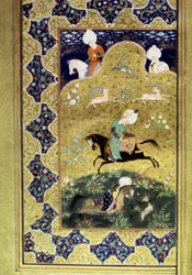 Osmanska riket: representation av Sultan Selim I kallade den förskräcklige (1470-1520) till häst under ett jaktspel som kämpade mot en guepard. Miniatyr från "Divan" (diktsamling) skriven av Sultan Selim I. (Ms. FY1330, fol. 58a) 1500-talet.