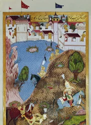 Osmanska riket: representation av Sultan Soliman (Suleyman) Jag sa att den magnifika (1520-1566) och hans armé attackerade staden Belgrad. Miniatyr tagen från 
