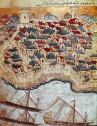 Osmanska riket: representation av en befäst stad på Donaus strand erövrad av Soliman (Suleyman) Jag sa den magnifika (1520-1566) under hans marsch mot Budapest och Wien (1526-1529). 1500-tals miniatyr. Topkapi Sarayi Istanbul