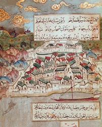 Osmanska riket: representation av en befäst stad på Donaus strand erövrad av Soliman (Suleyman) Jag sa den magnifika (1520-1566) under hans marsch mot Budapest och Wien (1526-1529). 1500-tals miniatyr. Topkapi Sarayi Istanbul