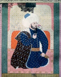 Porträtt av sultanen av det osmanska riket Mehet II (Mehmet II erövraren eller Mehmed II Fatih) (1430-1481) Miniatyr från manuskriptet (Ms. 1973, folio 62a) "Zubdatat-al Tawarikh" (Zubdat al-Tawarikh) ( Creme of Stories) av historikern Seyyid Loqman As