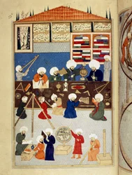 Vetenskap och islam: "" beskrivning av det astronomiska observatoriet för den arabiska vetenskapsmannen Taqi al-Din (Taqi al Din eller Takiyuddin) (1526-1585) byggt under Murad III i Istanbul 1577, astronomer arbetar med instrument""" Manuskript miniatyr m