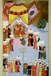 Sultan Bayezid (eller Bajazet) I (1360-ca. 1402) har sin miniatyrdomstol från "Hunername" av Lokman, vol. 1 (H 1523, f.7) 1584 Topkapi Sarayi Museum Library Istanbul