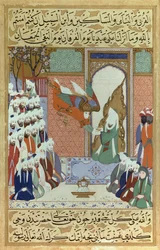 Ärkeängeln Gabriel uppenbarar den 8:e suran, ett kapitel i Koranen, en miniatyr av Muhammed ur ”Siyari Nabi” (Profetens liv)