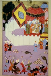 Mordet på Sultan Murad I (1326-1389) av den serbiske riddaren Milos Obilic (Kobilic eller Kobilovic) (död 1389) i slaget vid Kosovo efter ottomanernas seger över serbernas miniatyr från Lokmans "Hunername", vol. 1 (H 1523, f.7) 1584 Till