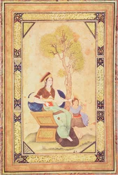 Kvinna som sitter med en ung flicka i en trädgård, från Album de pieces calligraphie et de miniatures (miniatyr)