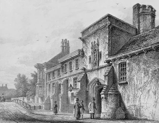 College Gate och Wardens Lodge Winchester, c.1830