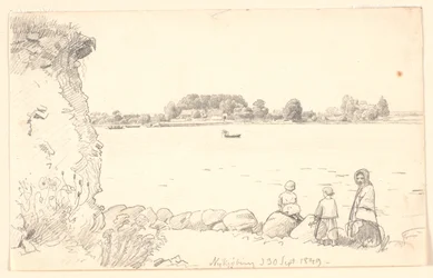 En dam och två barn vid Guldborgsund. Nykøbing Falster.