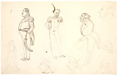 Karikatyr av Frederik VII med flera, bl.a. Grundtvig, troligen Orla Lehmann m.fl.