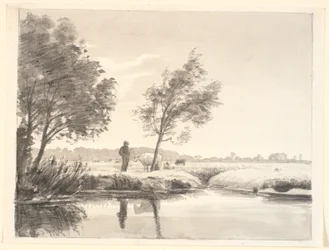 Landskap med fält, träd, kor och en bonde reflekterat i vattnet i förgrunden